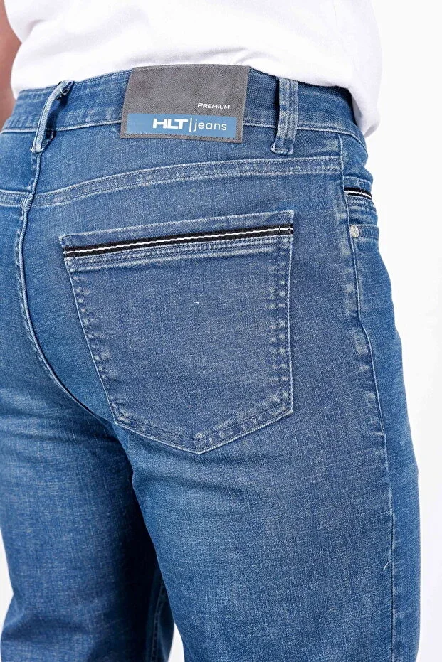 Men's Summer Striped Misty Blue Regular Fit Straight Leg Stretchy Lycra Jeans Denim Trousers HLTHE001965