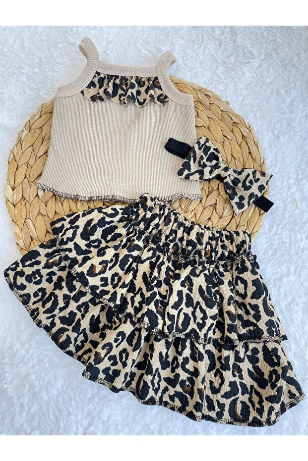 GIRLS LEOPARD PRINT RUFFLED SKIRT BLOUSE BANDANA AND SOCKS SET 4 PIECE SET