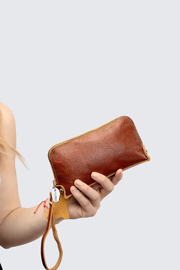 Unisex Brown Genuine Cowhide Leather Bracelet Handheld Clutch Bag