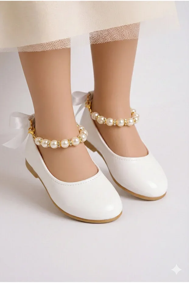 Shiny White Ankle Pearl Detailed Bow Ribbon Girl Child Ballet Flats