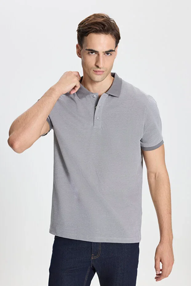 Men's Grey-White Cotton Slim Fit Narrow Cut Polo Neck T-Shirt