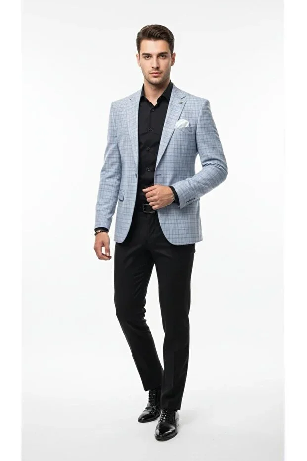 Men's Linen Plaid Blazer Jacket Mono Collar Single Button Double Vent