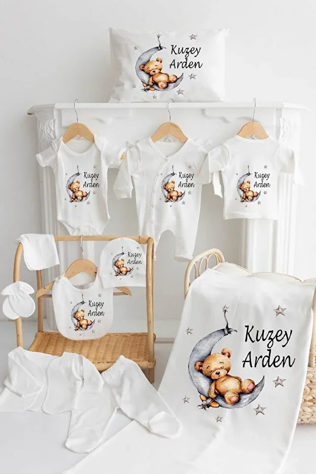 %100 Cotton Printed 11-piece Named Hospital Exit MN41-GRAY SLEEPING BEAR