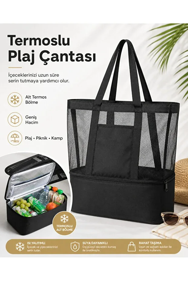 Thermos Beach Bag Large Size Wide Volume Mesh Thermal Hot Cold Protected Sea Picnic Camping Bag