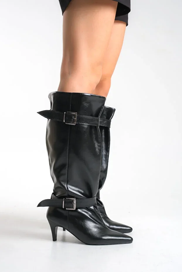 Black Shiny Leather Women's Boot Mini Short Heel Buckled Below Knee Non-Slip Sole Freya