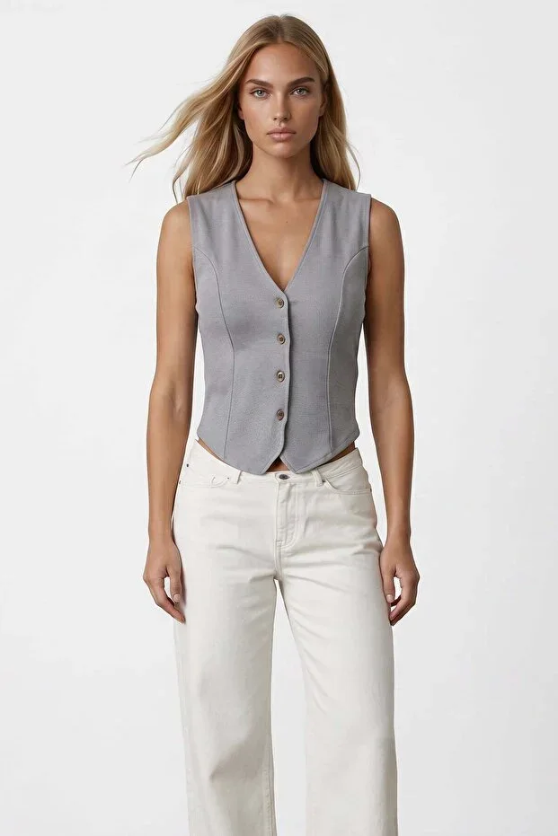 Women's Grey V-Neck Vest with Stitch Detail Alc-X15496
