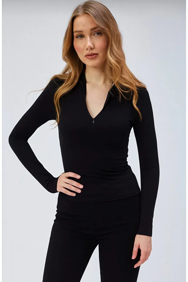 Zippered Fingerless Long Sleeve T-shirt Blouse