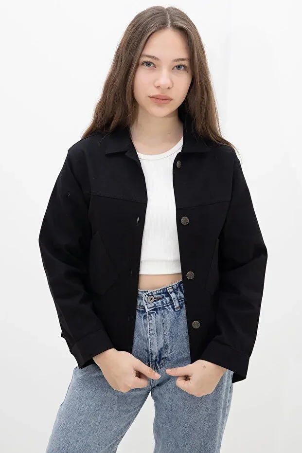 Black Back Button Detail Girl's Gabardine Fabric Jacket 23568