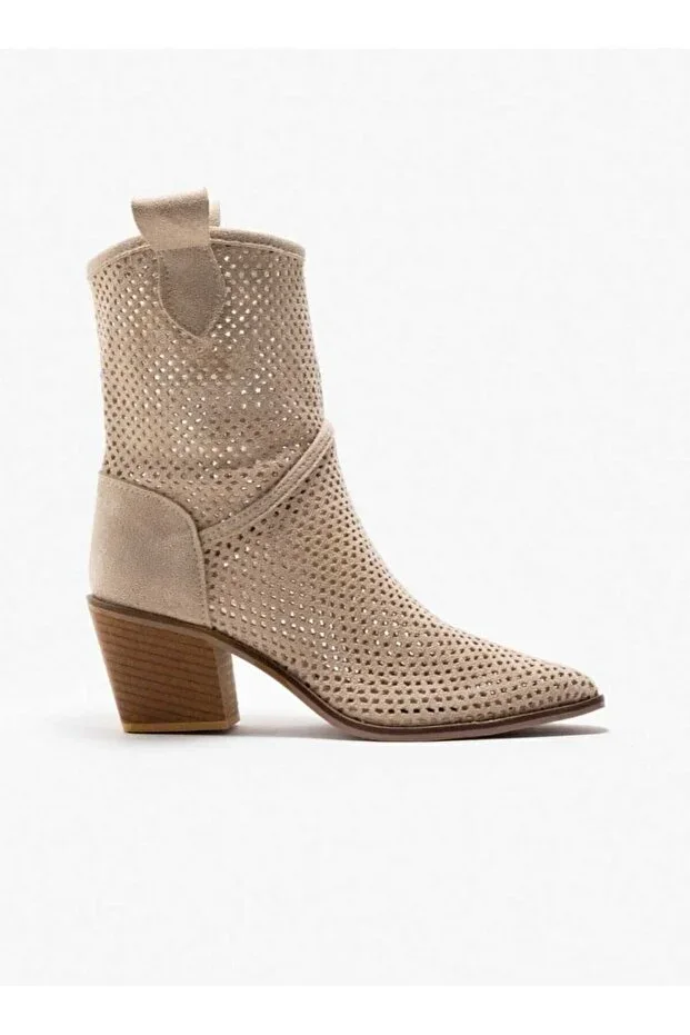 Handy Women's Western Cowboy Heel Suede Laser Cut Perforated Summer Boot-beige