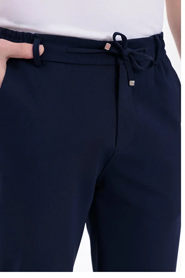 Men's Navy Jogger Pants, Tie Waist, 4 Pockets, Lycra, Regular Fit, Comfortable Cut