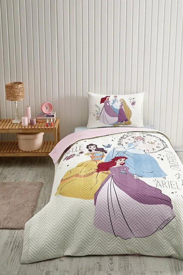 Princess Time Single Person Disney Licensed Elastic Fitted Sheet Quilted Children's Duvet Cover Set