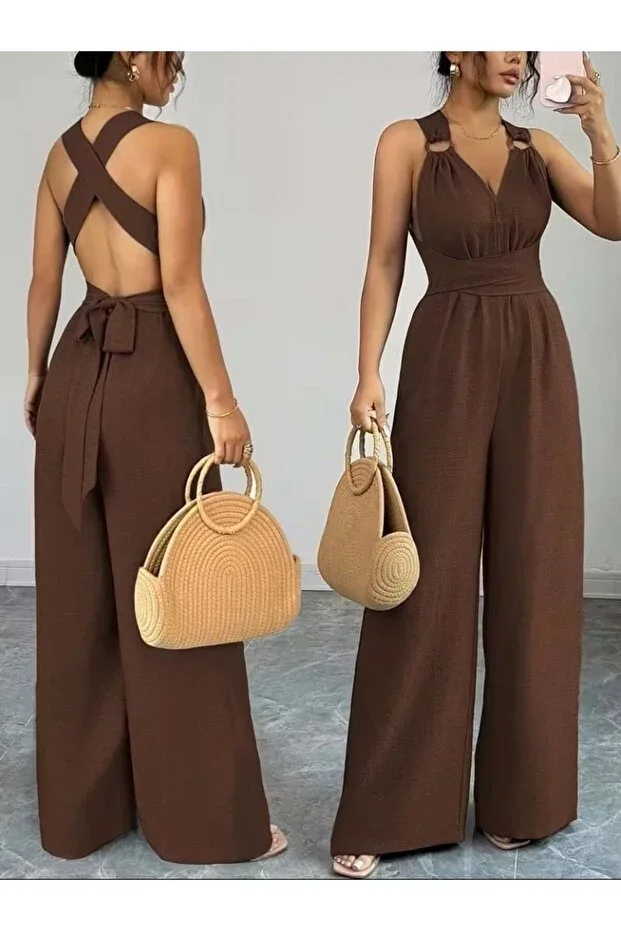 Women's cross-back brown jumpsuit with ring detail