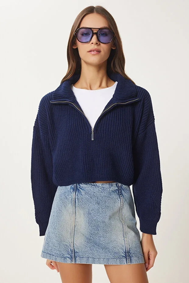 Women's Navy Blue Zippered Fisherman Neck Knitwear Sweater MX00124