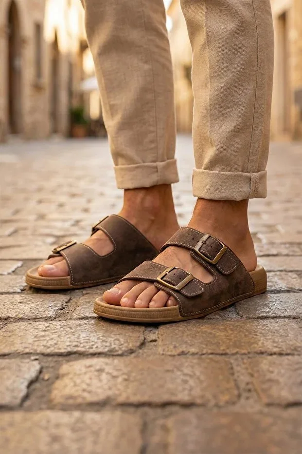 Men's Summer Synthetic Leather Two Buckle Adjustable Comfortable Sole Casual Slippers