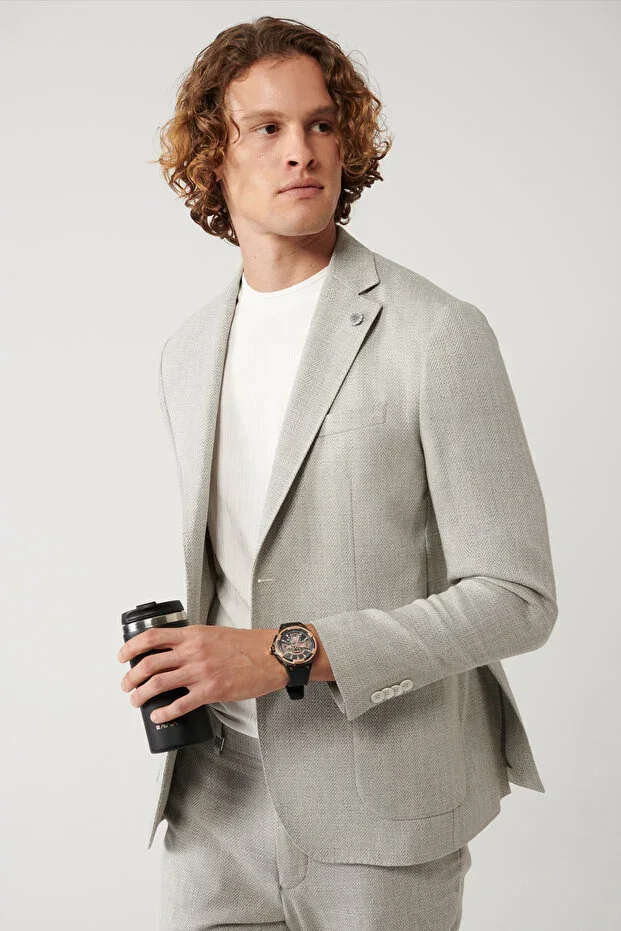Men's Grey Unlined Linen Blend Lightweight Comfort Slim Fit Jacket A41Y4029