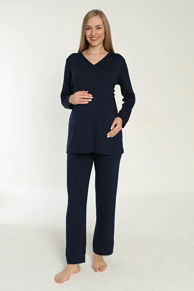 Navy Blue Breastfeeding Compatible Long Sleeve Postpartum and Maternity Pajama Set