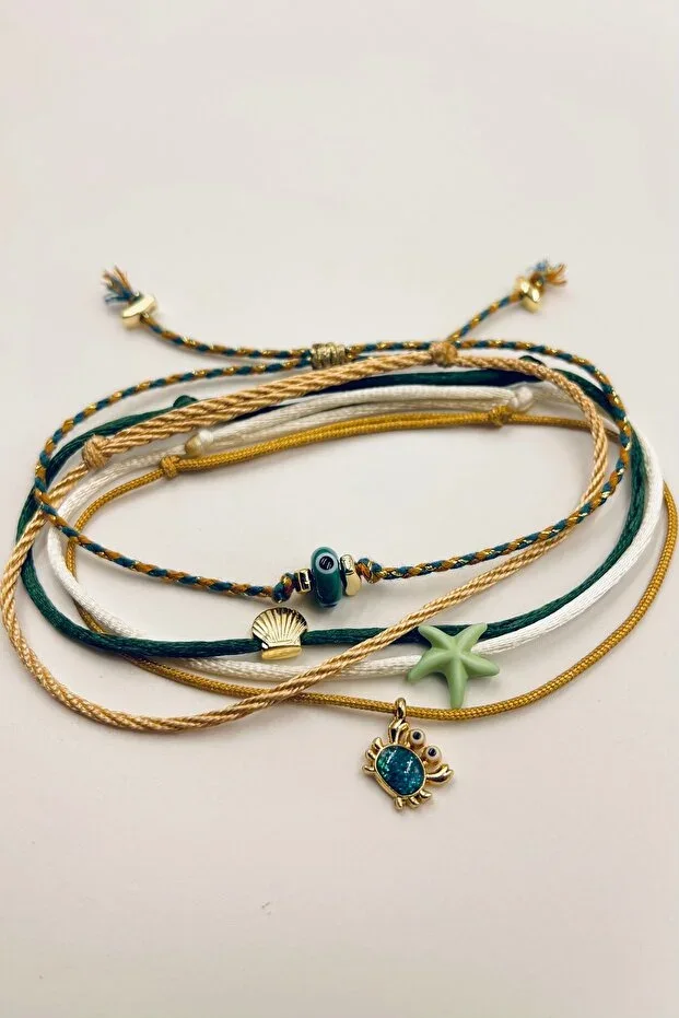 5 Pcs Bohemian Series Sea Beach Figurines Brown Khaki Green Luxury Anklet Set