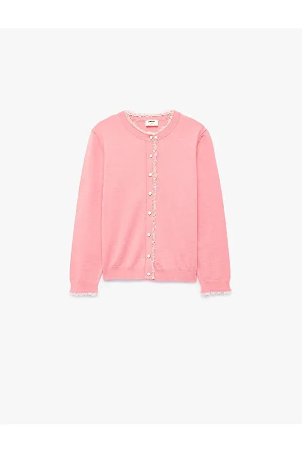 Long Sleeve Crew Neck Lace Detailed Buttoned Knit Cardigan