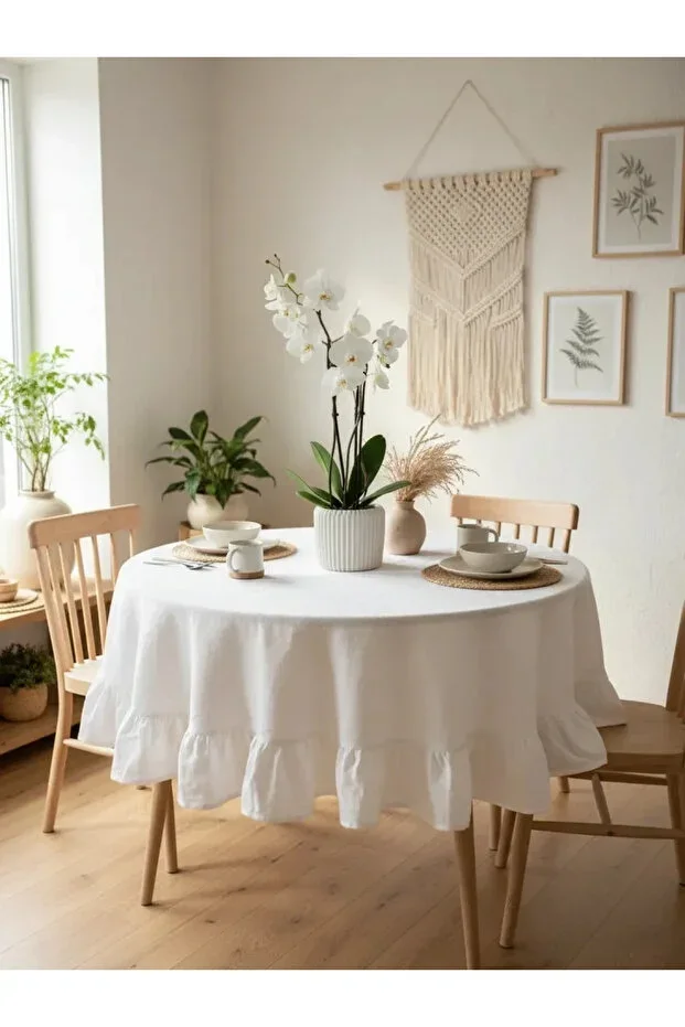 Premium White Linen Ruffled Round Tablecloth