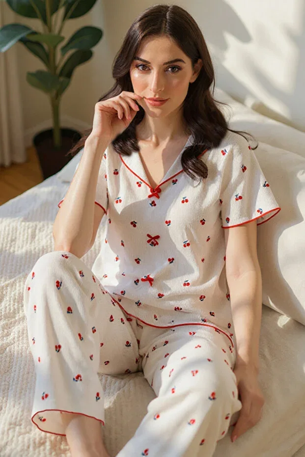 Cotton Cherry Pattern V-Neck Pajama Set