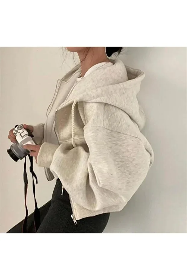 Kar Melanj Crop Top Thick Fabric Hooded Crop Cardigan