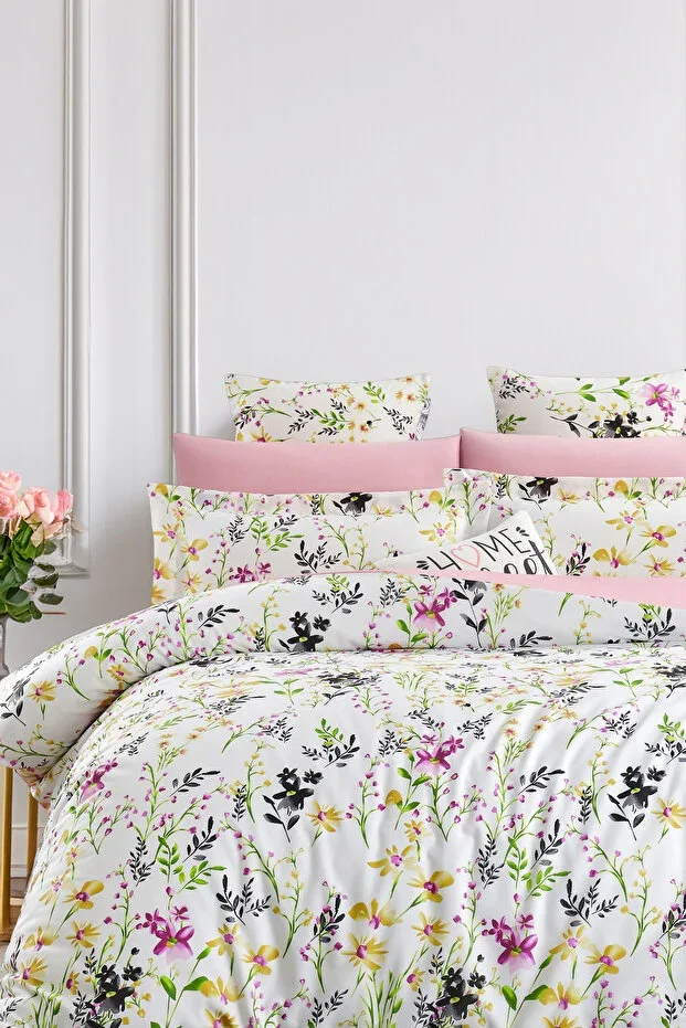Always Fitted Sheet Double-Sided Double Bed Duvet Cover Set Flowers Pink