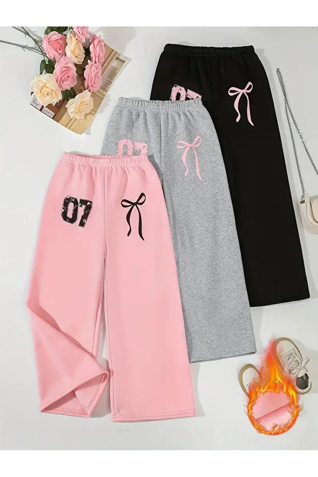 Kids 3-Pack Baggy Fit 07 Ribbon Print Sweatpants (Pink-Black-Grey)