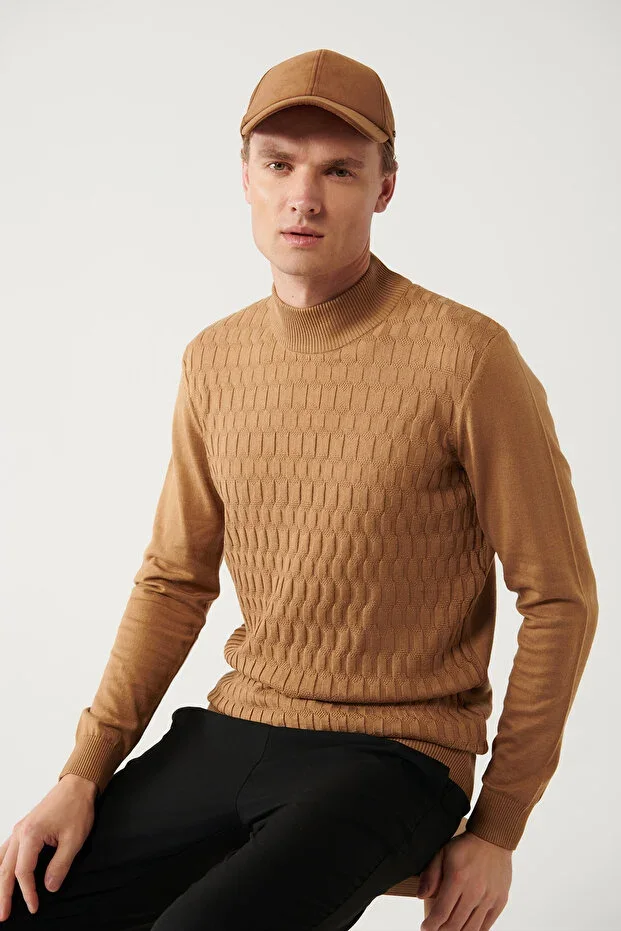 Men's Camel Half Fisherman Neck Cotton Knit Sweater E005106