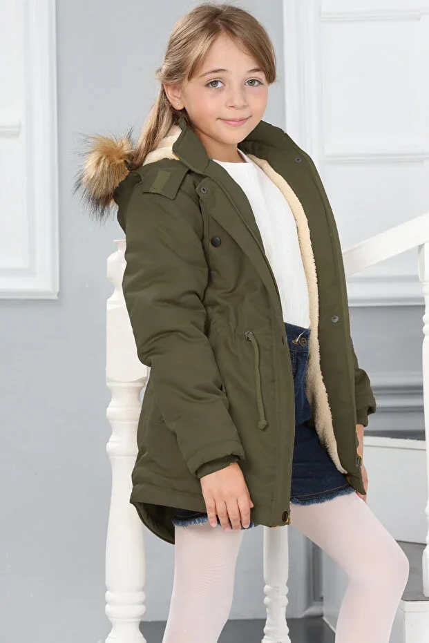 Girls' Detachable Hood Waterproof Long Coat Jacket