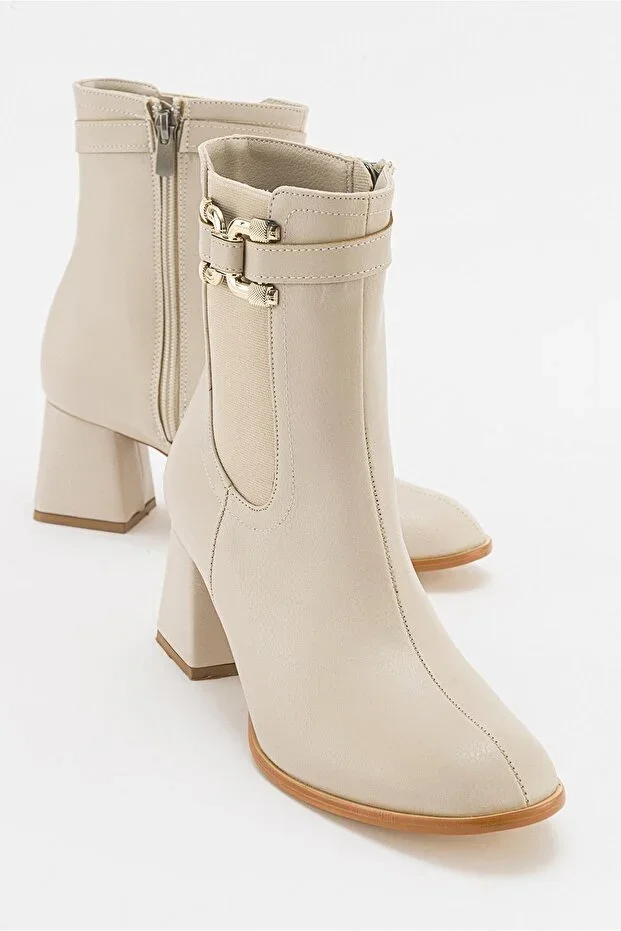 Buckled Heeled Boots BEIGE LEATHER