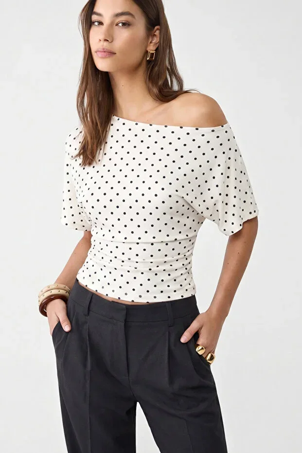 VODENS White Polka Dot Asymmetric Waist-Fitting %97 Cotton Batwing Sleeve Blouse