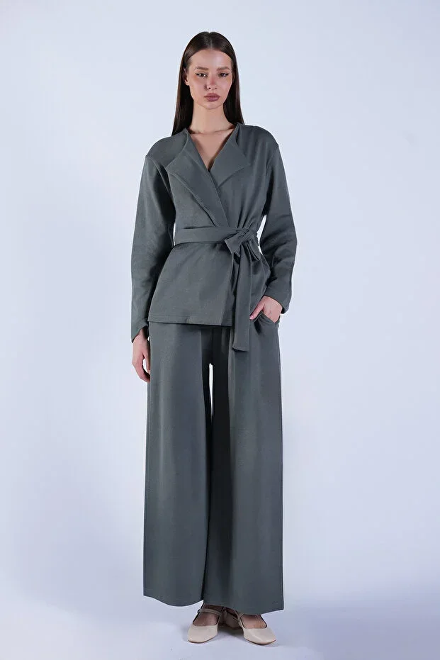Women's Khaki Self-Belted Long Jacket And Double Pocket Pants Set ALC-X15042