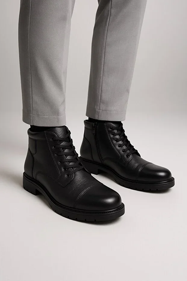 Daily Men's Genuine Leather Black Boot Large Size Postal Fur Lined Zippered Shoes 081