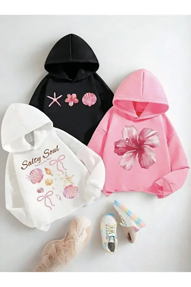 Children's 3-Pack Printed Sweatshirt Hoodie White Black Pink