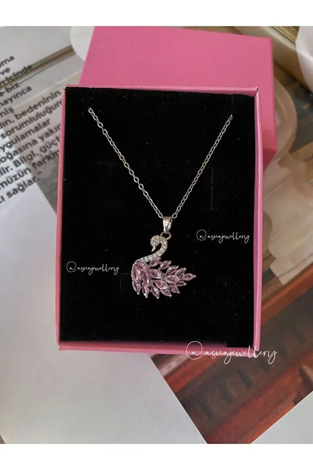 ASNA JEWELLERY Women's Pink Swan Zircon Stone Steel Necklace without box Price