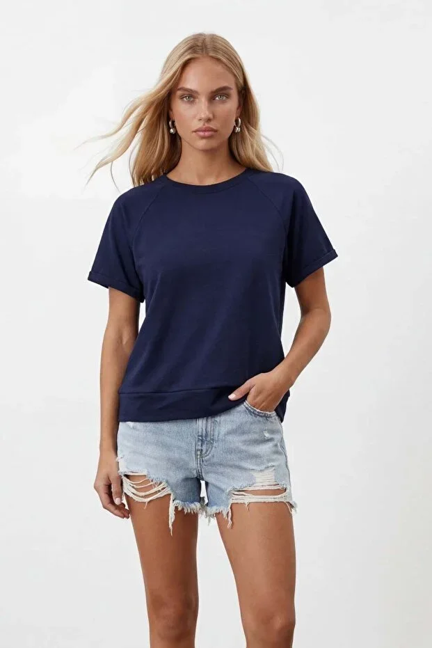 Navy Blue Crew Neck Raglan Sleeve Oversize T-Shirt Alc-X15492