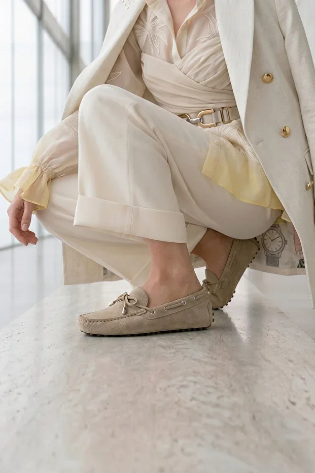 Women's Leather Beige Suede Loafer Shoes
