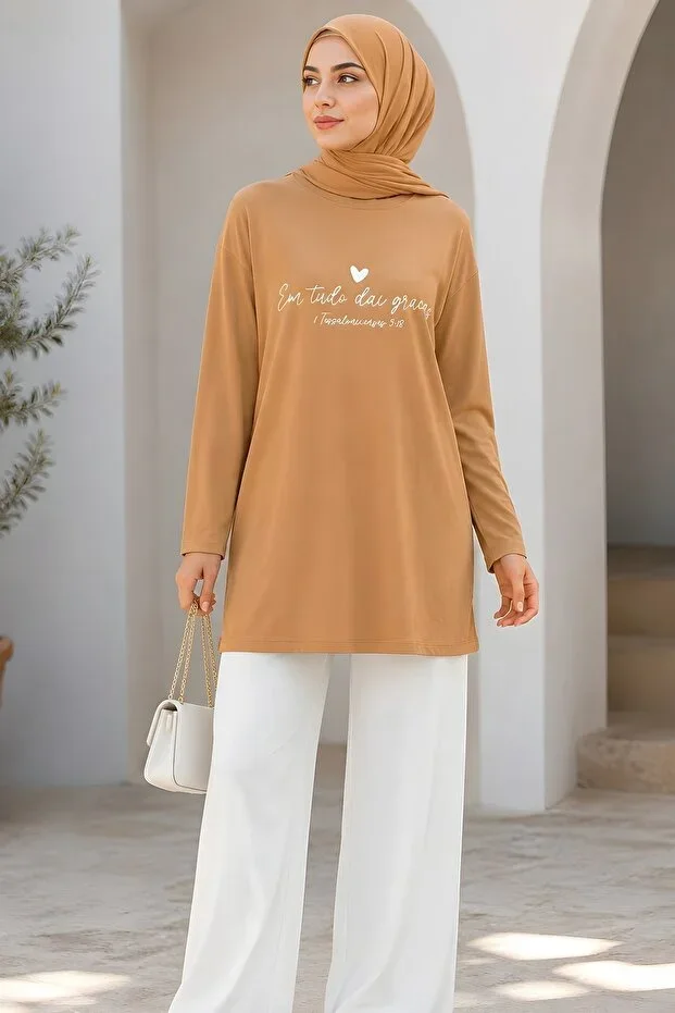 İmajButik Biscuit Crew Neck Printed Jersey Tunic