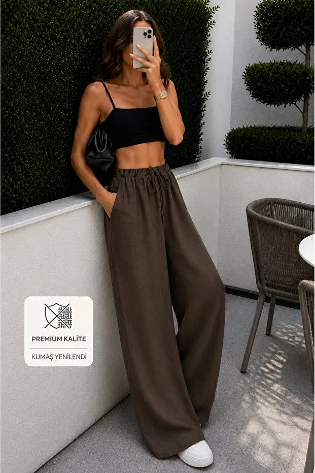 Sun Victoria Women's Brown Linen Blend High Waist Wide Leg Palazzo Pants