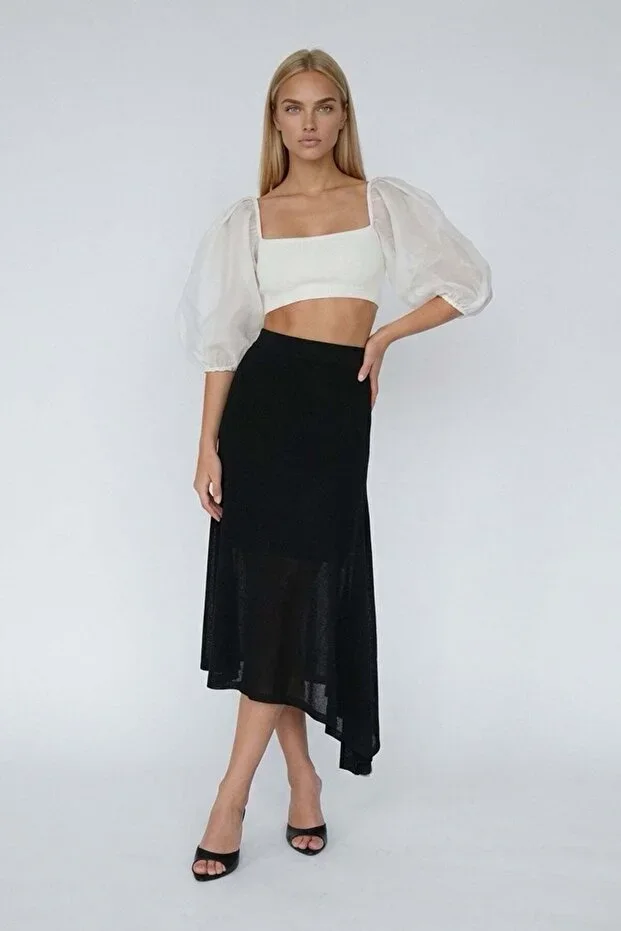 Women Black Asymmetric Cut Lined Knit Skirt Alc-X15466