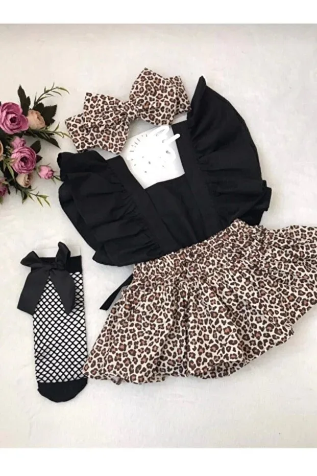 Baby Girl Leopard Salopette Dress and Black Mesh Socks Set