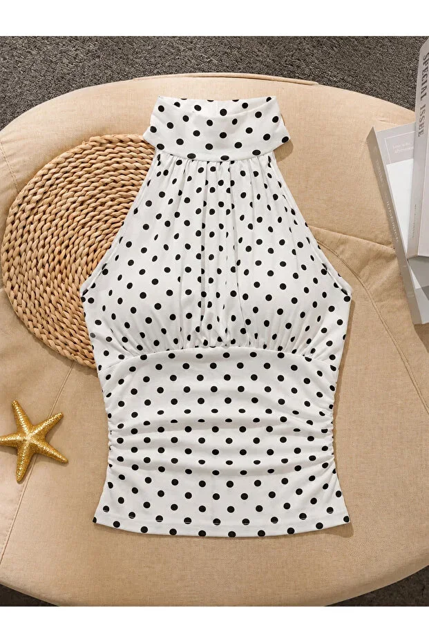 White Polka Dot Halter Neck Ruched Drape Chic Crop Blouse