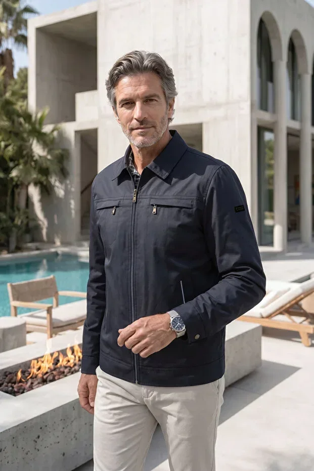 Men's Polo Neck Lined Cotton Seasonal Jacket with Under Pockets - A00005