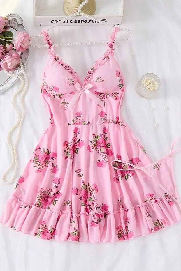 Pink Rose Pattern Ruffle Strap Bow Detail Mini Nightgown