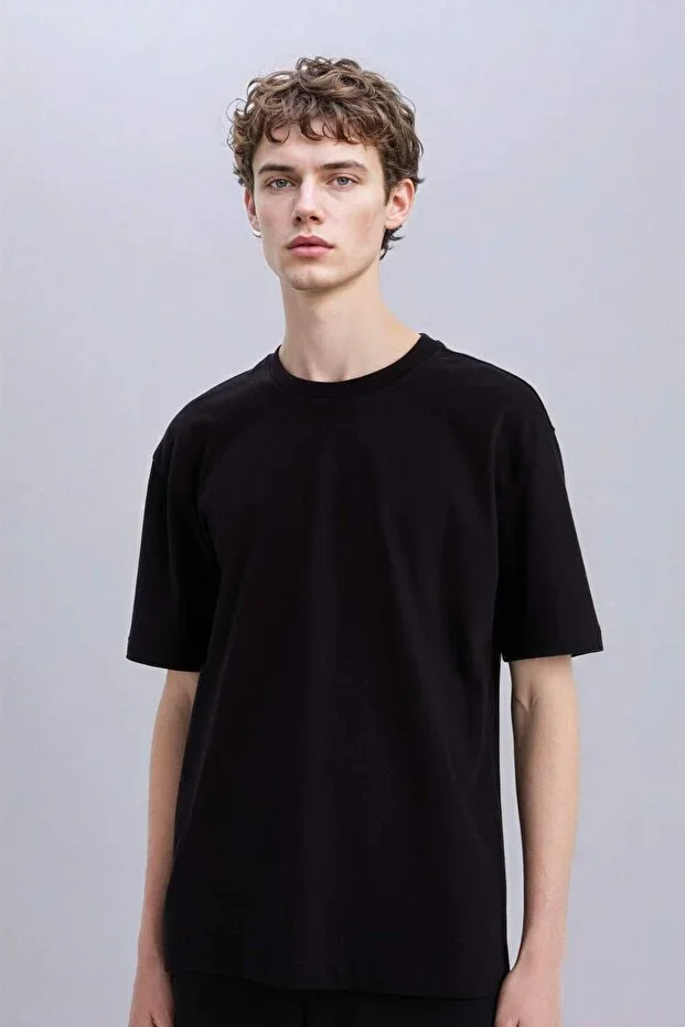 100% Cotton Oversize Wide Fit Round Neck Basic Plain Short Sleeve Black T-shirt E6885AXNS