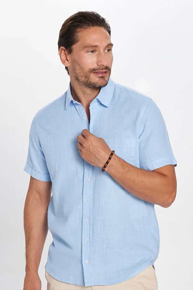 Men's Regular Fit Classic Cut Oversize 100% Cotton Linen Texture Pocket Blue Shirt