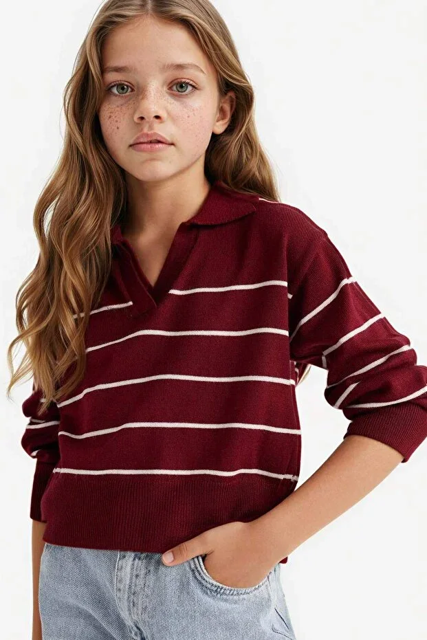 Standard Fit Polo Neck Striped Knit Sweater Girls E7737A825AU