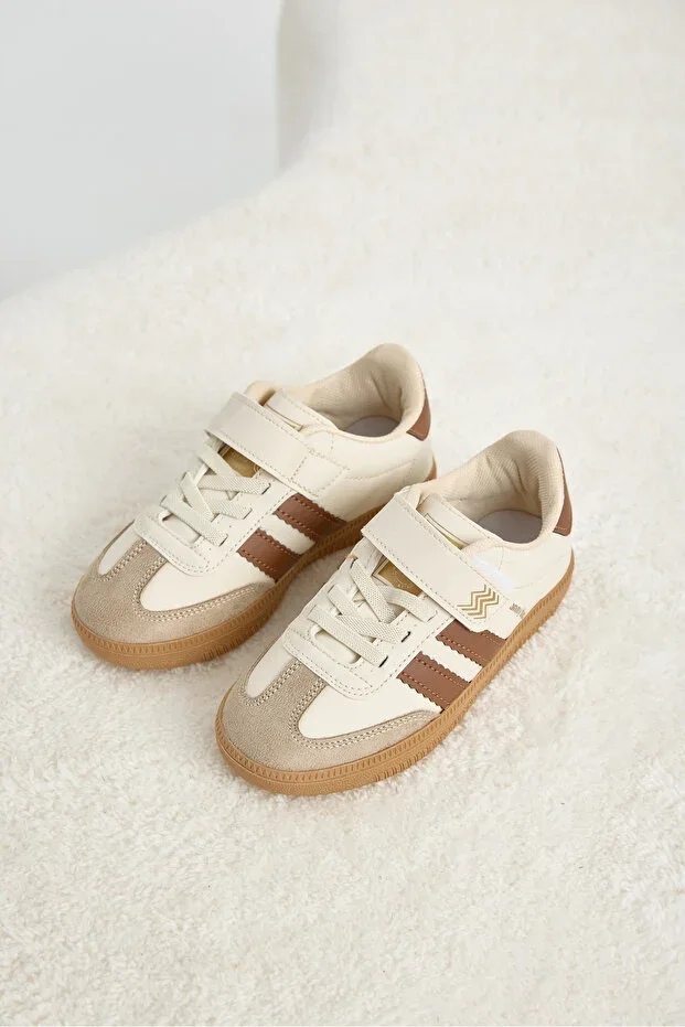 Children's Unisex Beige Thermo Sole Sneaker with Side Stripe and Velcro Laces