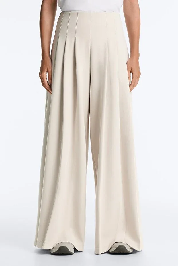 Oysho Cotton Pique Pleated Wide Leg Trousers