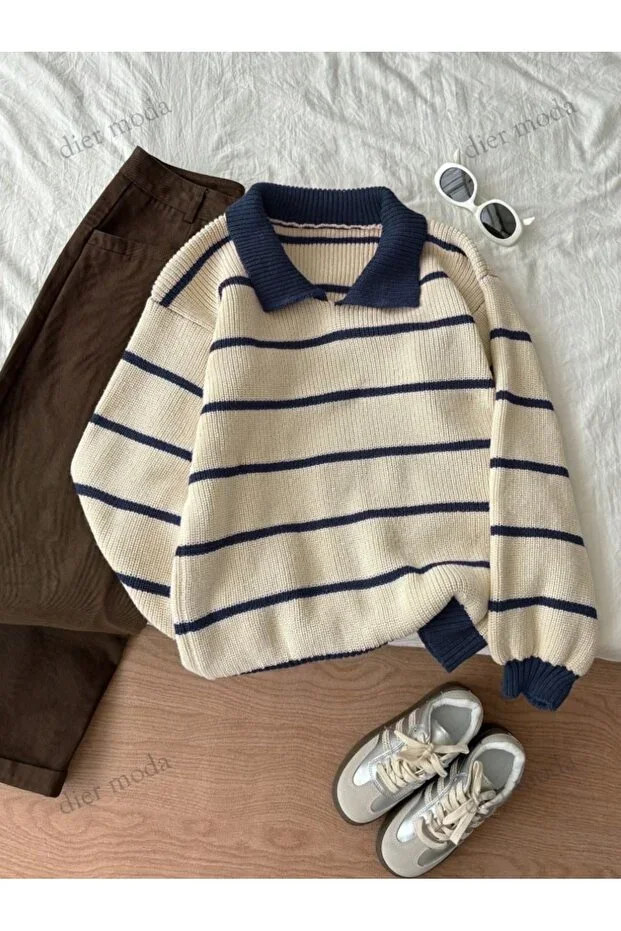 Ecru Navy Blue Ribbed Knit Polo Neck Oversize Tricot Sweater, Women's Sweater